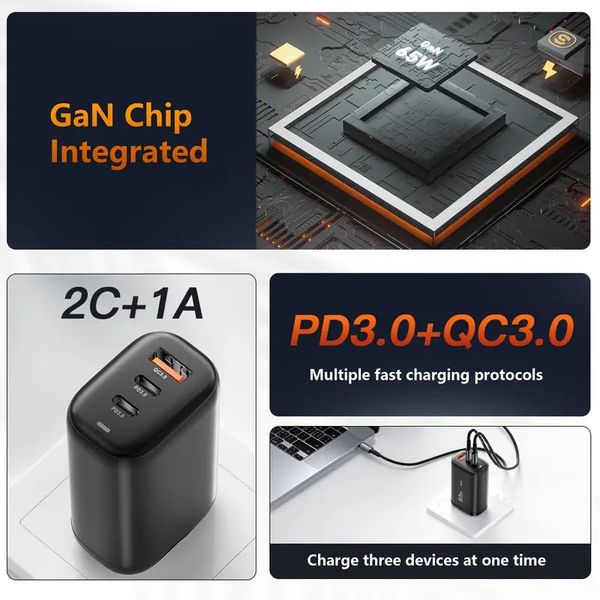 GaN 65W USB A - USB C Str&oslash;mforsyning-Lader 220V